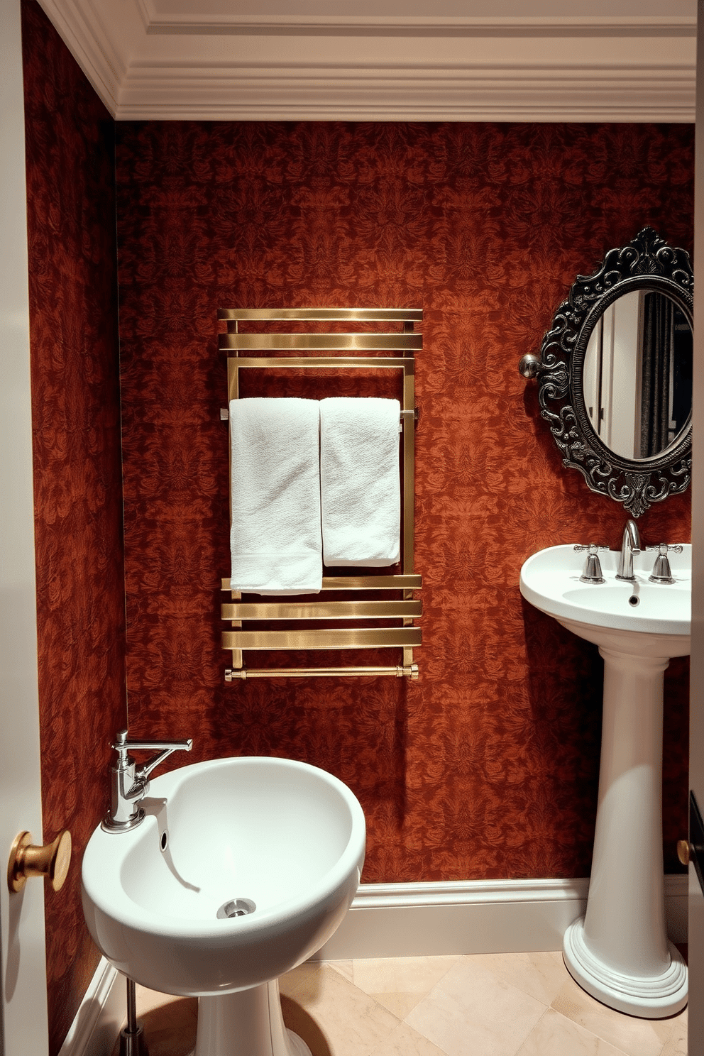 A luxury powder room features a sleek, modern towel warmer mounted on the wall, providing both functionality and elegance. The warm metallic finish complements the rich, textured wallpaper, creating a cozy and inviting atmosphere. The space is adorned with a chic pedestal sink and a decorative mirror, enhancing the overall sophistication of the design. Soft ambient lighting highlights the exquisite details, making this powder room a perfect retreat for guests.