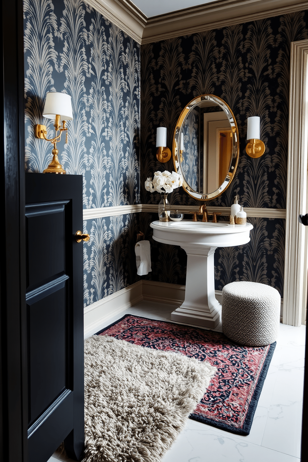 A luxurious powder room features layered rugs that add depth and texture to the space, enhancing the overall aesthetic. The first rug, a plush, neutral-toned piece, is topped with a smaller, intricately patterned rug that draws the eye and invites comfort. The walls are adorned with elegant wallpaper that complements the rugs, creating a cohesive look. A stylish pedestal sink is accented by a chic mirror, and decorative accessories in gold and marble complete the opulent design.