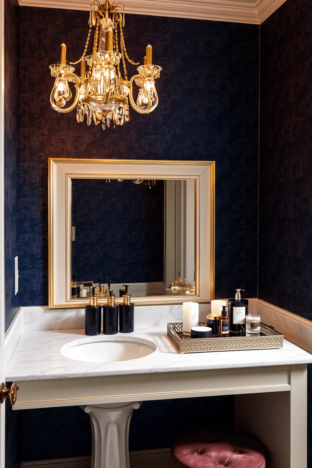 A luxury powder room featuring elegant soap dispensers and accessories. The space is adorned with a stunning chandelier that casts a warm glow over the marble countertop, where stylish dispensers and matching accessories are neatly arranged. The walls are covered in a rich, deep blue wallpaper with intricate patterns, creating a sense of sophistication. A plush, velvet stool sits beside the vanity, while a decorative tray holds scented candles and high-end toiletries, enhancing the overall ambiance.