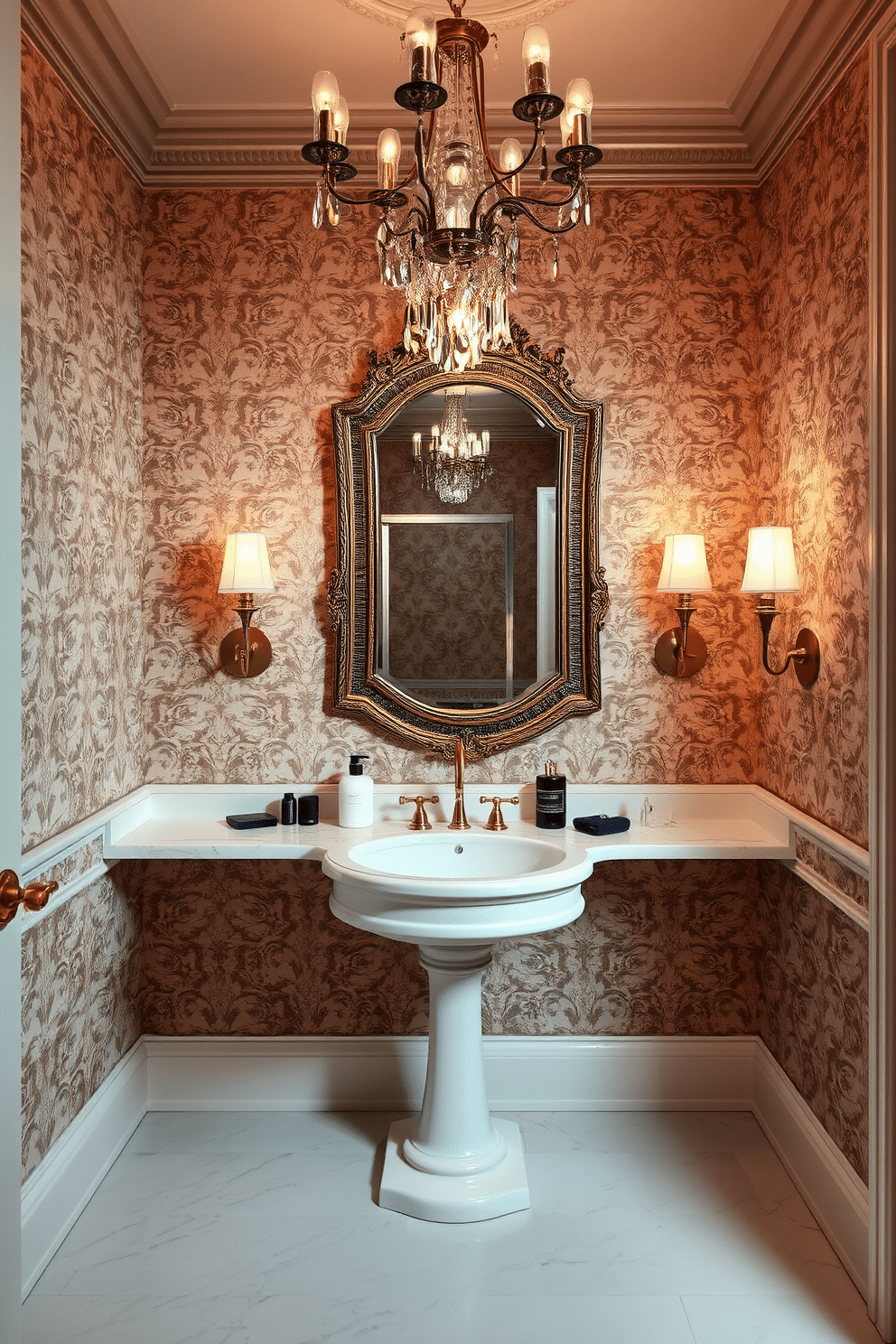 A vintage chandelier hangs elegantly from the ceiling, casting a warm glow over the luxurious powder room. The walls are adorned with intricate wallpaper featuring a floral pattern, complemented by a sleek marble floor that adds sophistication to the space. A stylish pedestal sink with a polished gold faucet takes center stage, surrounded by carefully curated decor items. Soft, ambient lighting is provided by sconces on either side of a large, ornate mirror, enhancing the room's opulent atmosphere.