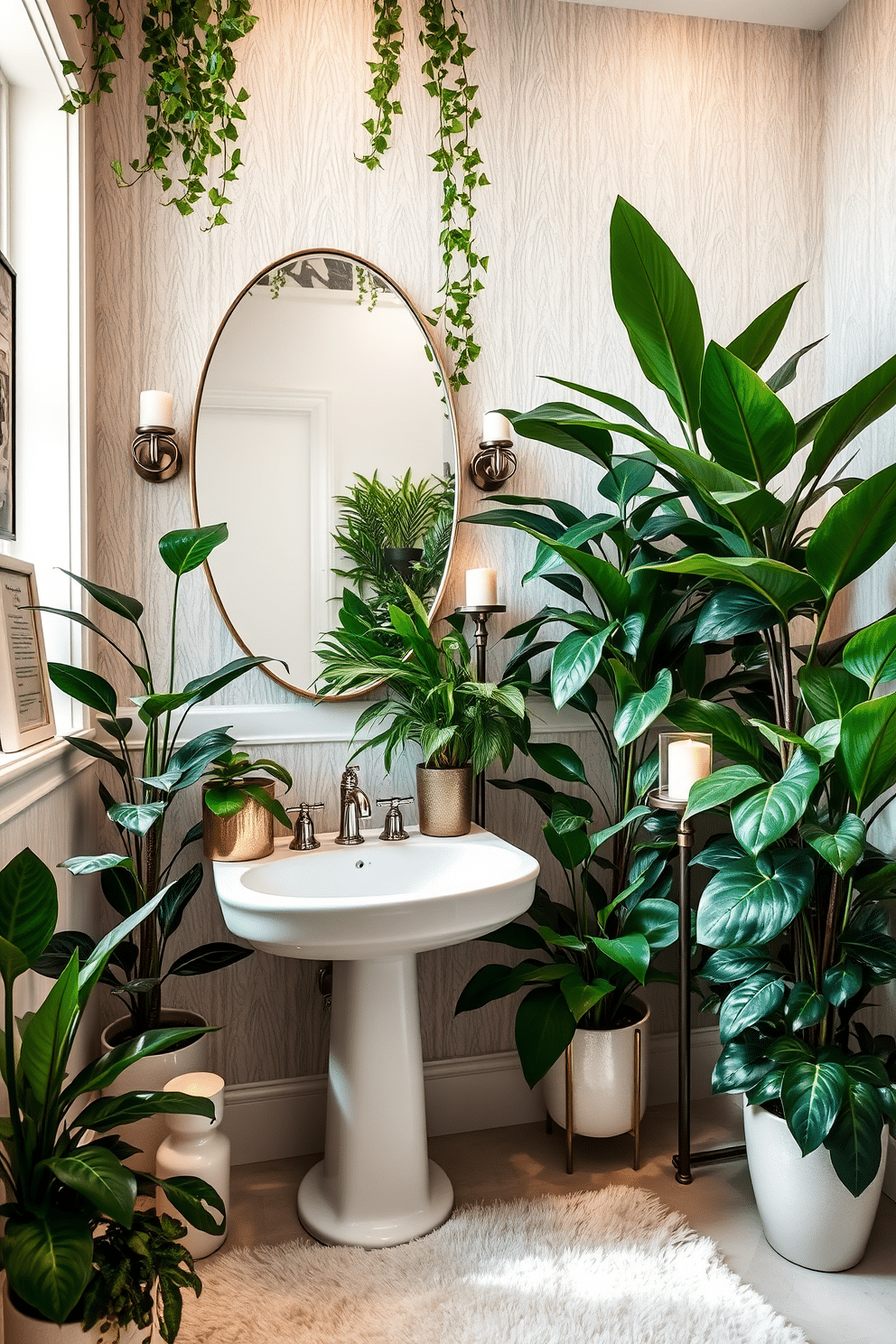 A luxurious powder room featuring lush indoor plants that add a fresh and vibrant touch. The space includes a sleek pedestal sink with a stylish faucet, surrounded by various potted plants in elegant ceramic pots, enhancing the overall ambiance. The walls are adorned with a soft, neutral wallpaper that complements the greenery, while a chic mirror reflects the natural light. A plush rug lies beneath the sink area, and decorative elements like candles and art pieces complete the sophisticated look.