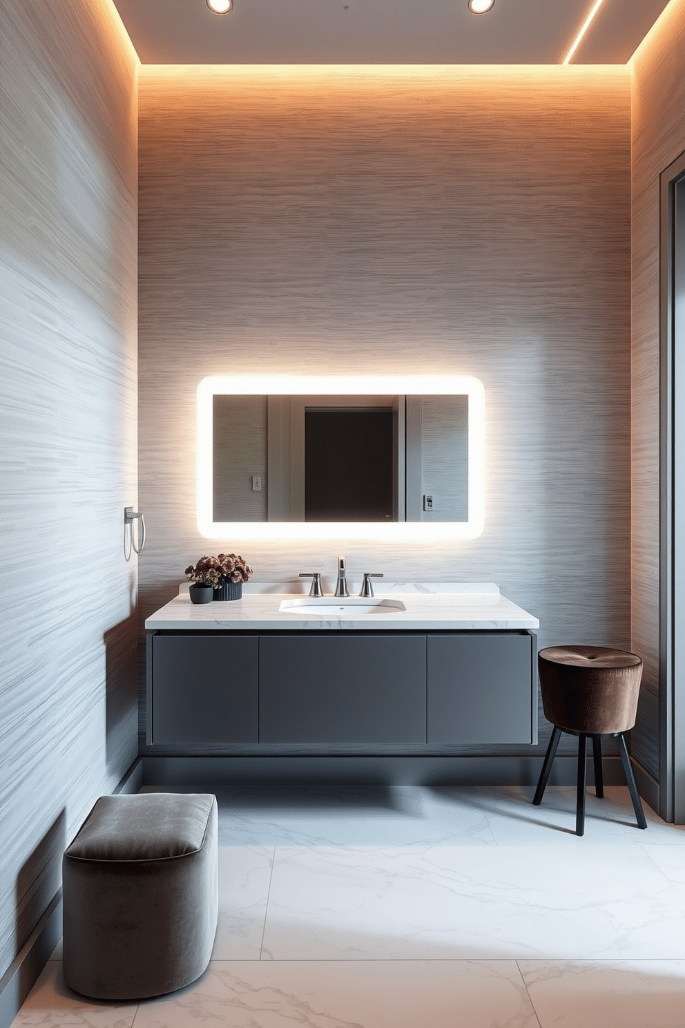 A sleek floating vanity with a backlit mirror is the centerpiece of this luxury powder room. The walls are adorned with textured wallpaper in a soft gray, while the floor features large-format marble tiles that add an elegant touch. To the side, a stylish stool in a rich velvet fabric complements the vanity. Ambient lighting creates a warm glow, enhancing the overall sophistication of the space.