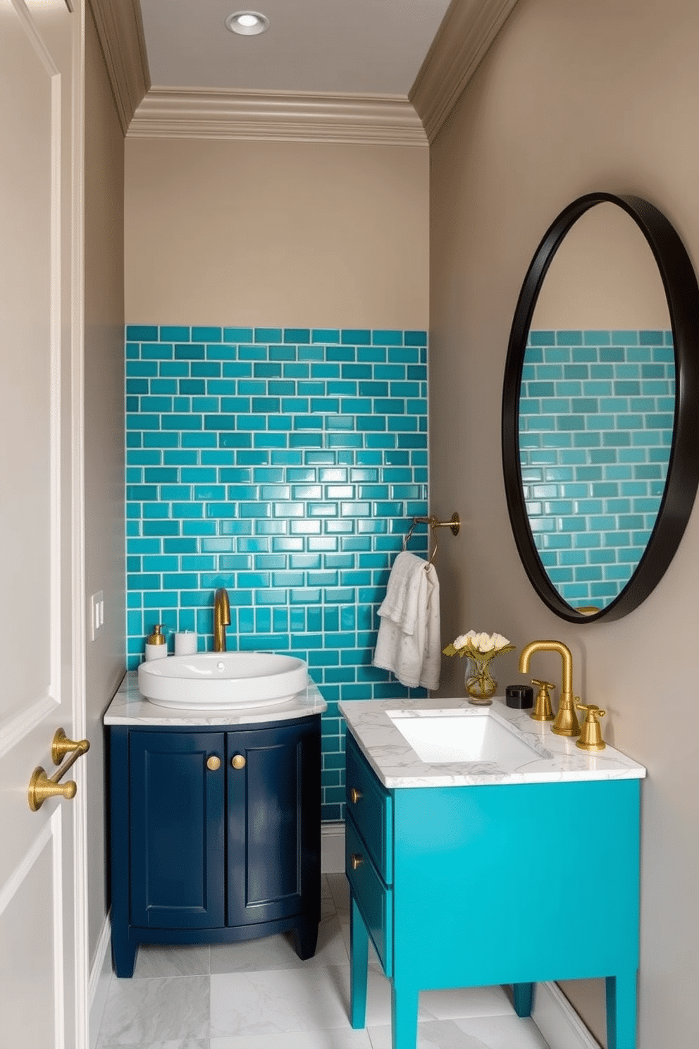 A luxurious powder room featuring bold color accents against a backdrop of neutral tones. The walls are painted in a soft taupe, while vibrant teal tiles create a striking backsplash behind a sleek, modern sink. A freestanding vanity in a deep navy blue contrasts beautifully with the light-colored walls. Gold fixtures and accessories add a touch of elegance, complemented by a large round mirror with a bold black frame.