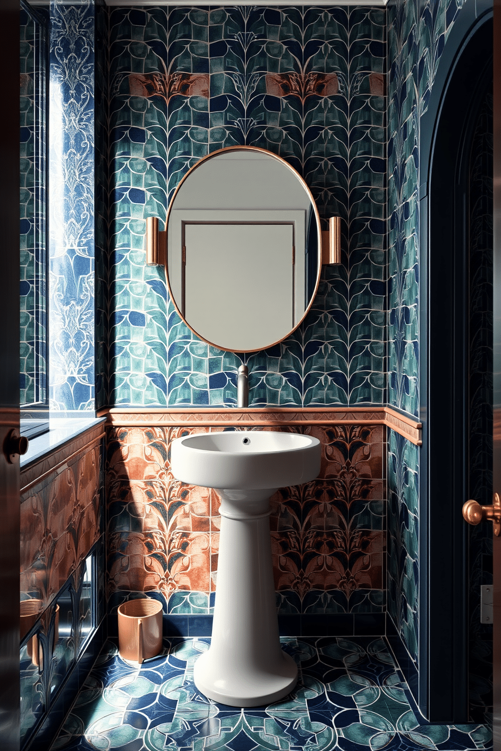 A luxurious powder room featuring art deco style geometric tiles in rich jewel tones. The walls are adorned with intricate patterns, and a sleek pedestal sink complements the bold tile design.