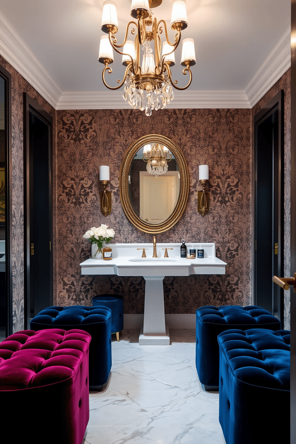 A luxurious powder room featuring plush velvet upholstered stools in a rich jewel tone, positioned elegantly around a sleek, modern vanity. The walls are adorned with intricate wallpaper, while a statement chandelier casts a warm glow over the space, enhancing the opulent atmosphere.