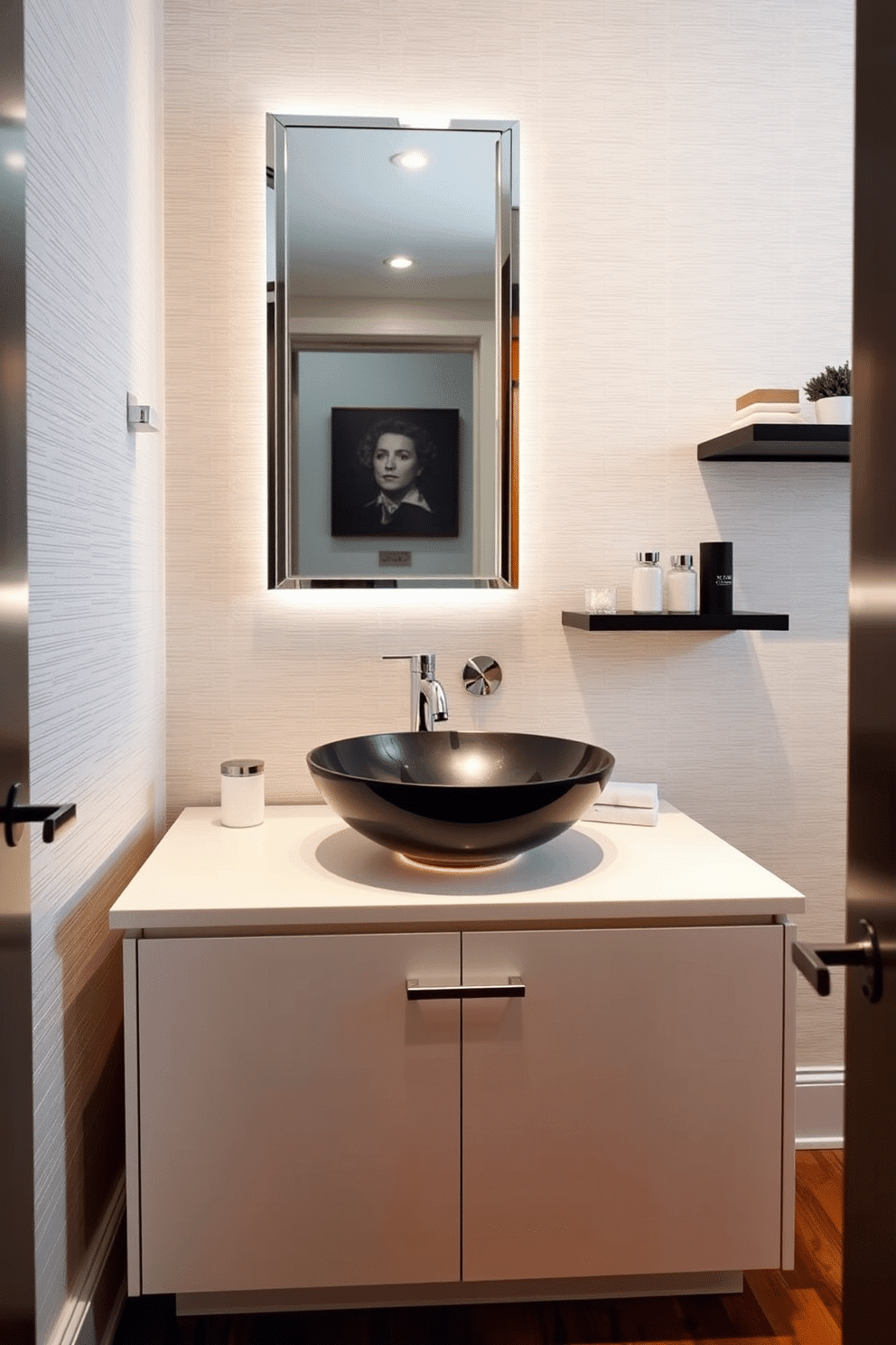 A stylish vessel sink sits elegantly on a sleek countertop, surrounded by contemporary fixtures that enhance its beauty. The walls are adorned with textured wallpaper in a soft hue, while ambient lighting casts a warm glow, creating a welcoming atmosphere. This luxury powder room features a chic design with a statement mirror above the sink, framed in polished chrome. A minimalist floating shelf holds decorative items, and the floor is finished with rich hardwood, adding a touch of sophistication to the space.