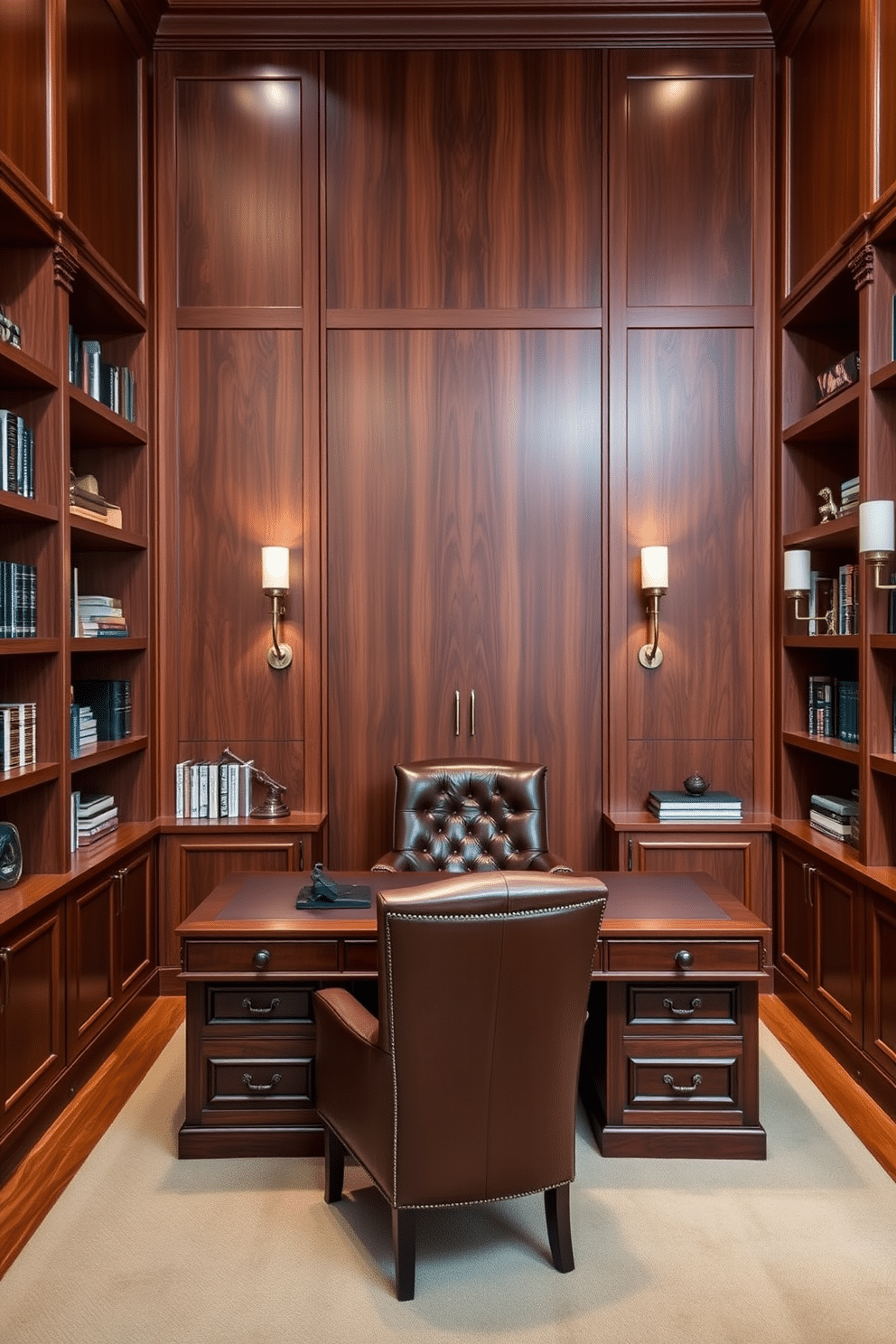 Elegant wood paneling envelops the walls, creating a warm and inviting atmosphere. Built-in shelves seamlessly integrate into the design, showcasing a curated collection of books and decorative items. A large mahogany desk sits at the center, accompanied by a plush leather chair that invites comfort. Soft, ambient lighting from stylish sconces highlights the rich textures of the room while maintaining a sophisticated ambiance.