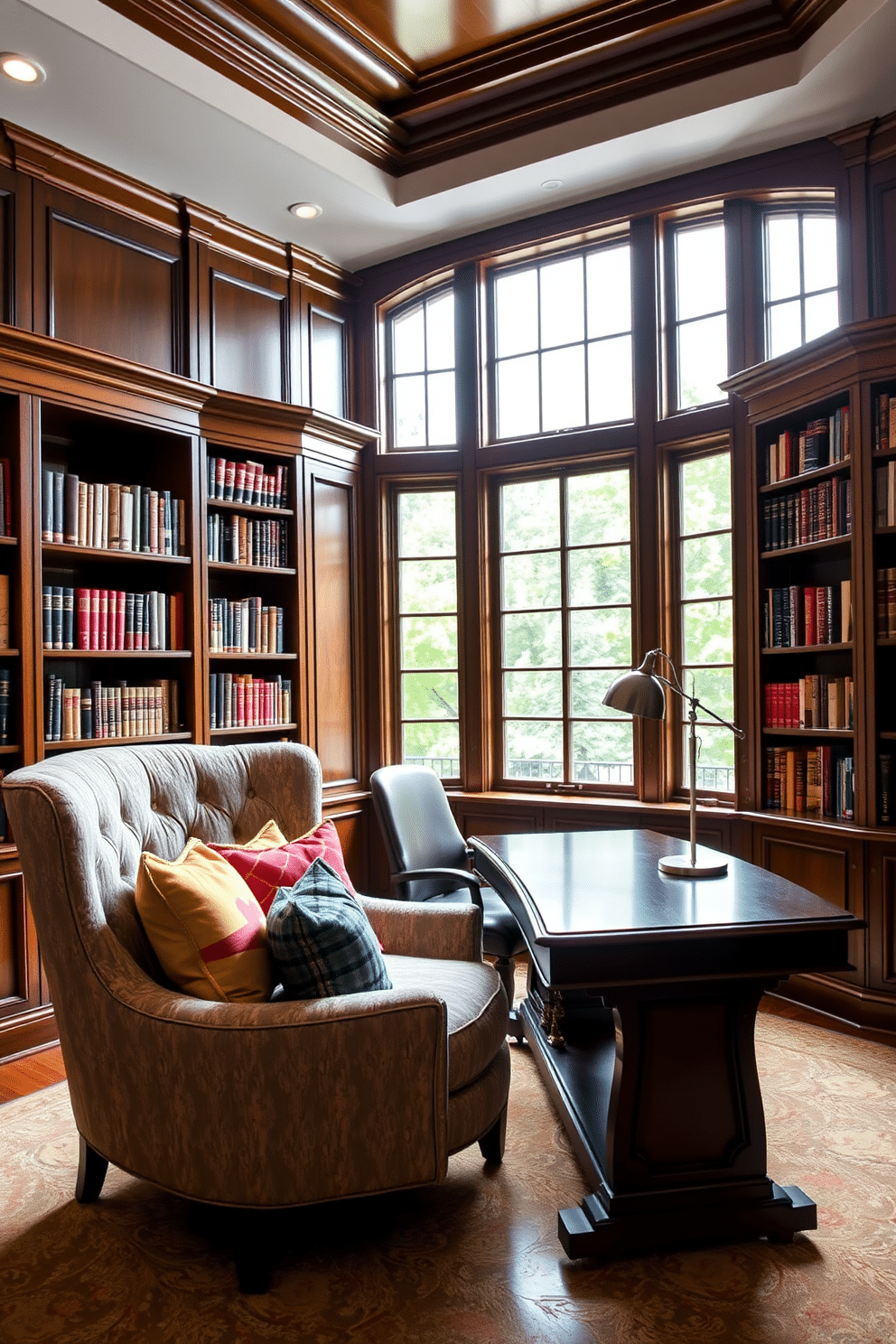 A luxurious study room featuring a plush reading chair adorned with an array of colorful throw pillows. The walls are lined with rich wooden bookshelves filled with books, and a large window lets in natural light, illuminating a sleek wooden desk and a stylish desk lamp.