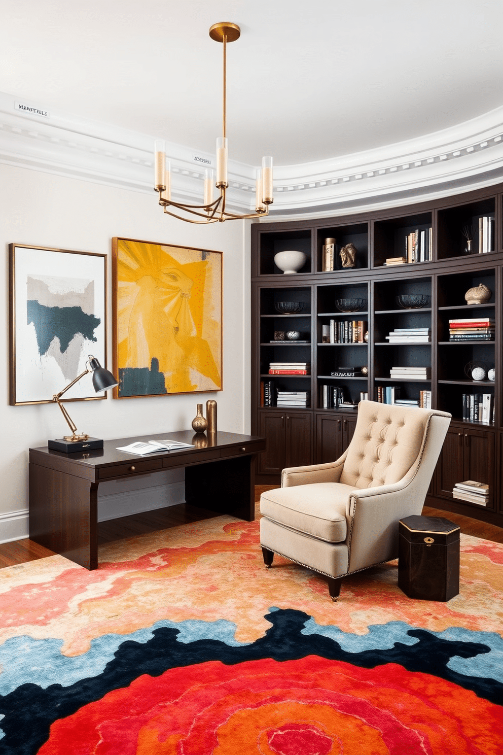 A luxury study room featuring a sleek, dark wood desk positioned against a wall adorned with contemporary art pieces that evoke creativity. The room is illuminated by a modern chandelier, and a plush, oversized armchair sits in the corner, inviting relaxation and inspiration. The walls are painted in a soft, neutral tone, creating a calming atmosphere, while a large bookshelf filled with art books and decorative objects adds character. A vibrant area rug anchors the space, complementing the art and providing warmth underfoot.