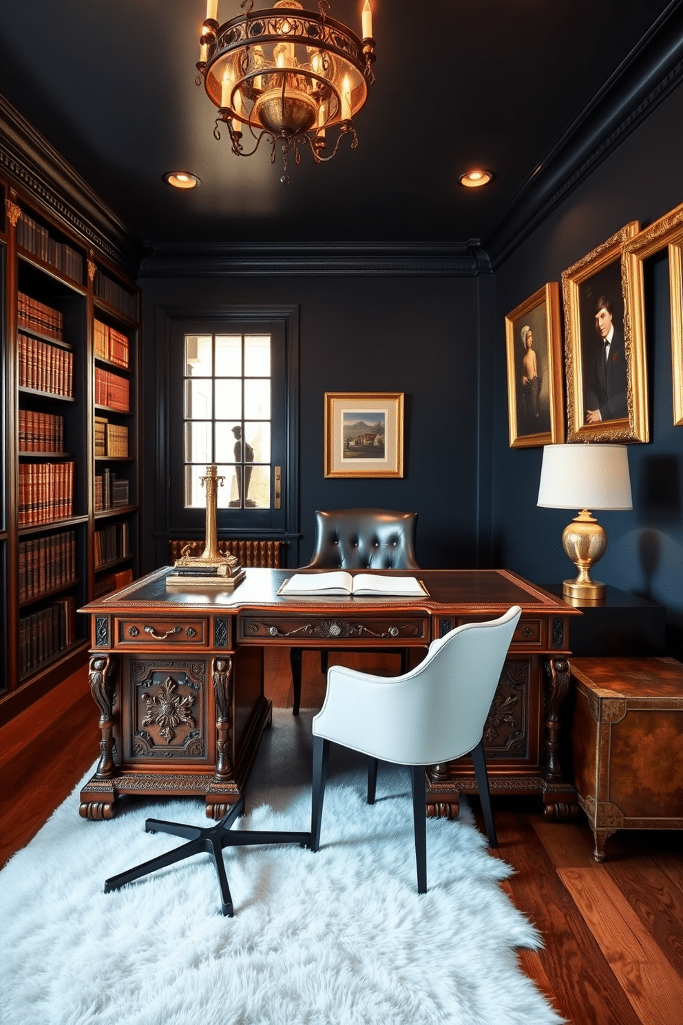 A luxurious study room features an antique wooden desk, rich in intricate carvings, paired with a sleek, modern chair that contrasts beautifully with its classic form. The walls are adorned with deep navy paint, and a large window allows natural light to illuminate the space, highlighting a plush area rug beneath the desk. Bookshelves lined with leather-bound volumes create an inviting backdrop, while a stylish lamp sits atop the desk, casting a warm glow. Elegant artwork hangs on the walls, adding a touch of sophistication to this harmonious blend of vintage and contemporary design.