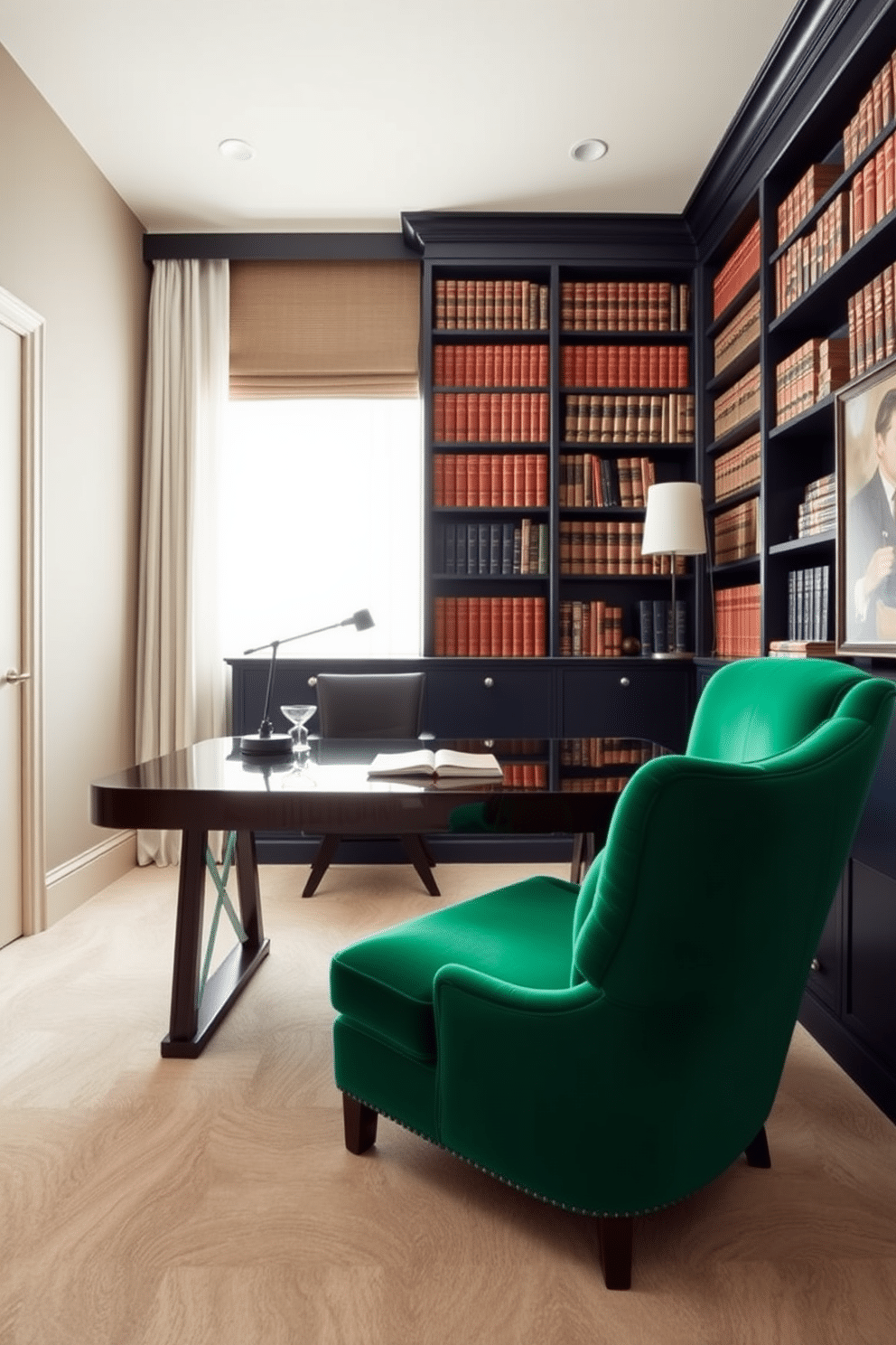 A luxury study room featuring a neutral color palette with bold accents. The walls are painted a soft taupe, while a deep navy accent wall showcases a large bookshelf filled with leather-bound volumes. A sleek, modern desk in a dark wood finish sits in front of a large window, adorned with sheer white curtains. A plush, oversized chair in a vibrant emerald green provides a striking contrast, inviting comfort and style.