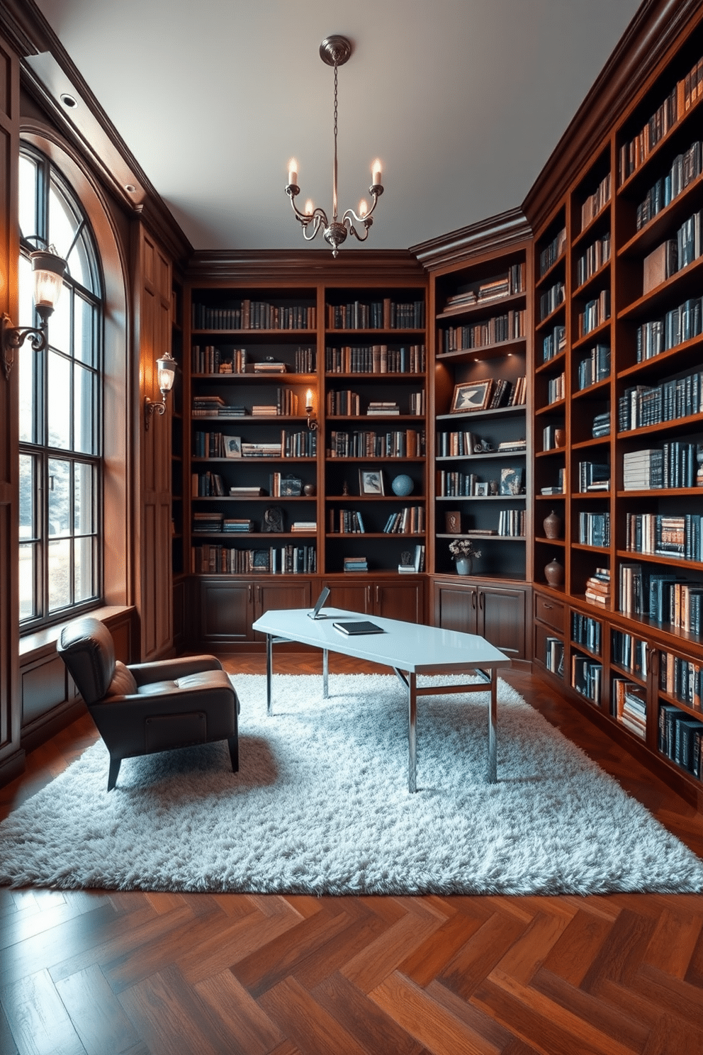 A luxurious study room features floor-to-ceiling bookshelves that provide ample storage and showcase an extensive collection of books and decor. The shelves are crafted from rich mahogany, complemented by a sleek, modern desk positioned in front of a large window that allows natural light to flood the space. The room is adorned with a plush area rug that adds warmth and texture, while a stylish leather chair invites comfort for long reading sessions. Soft, ambient lighting from elegant sconces enhances the sophisticated atmosphere, creating an inspiring environment for creativity and focus.