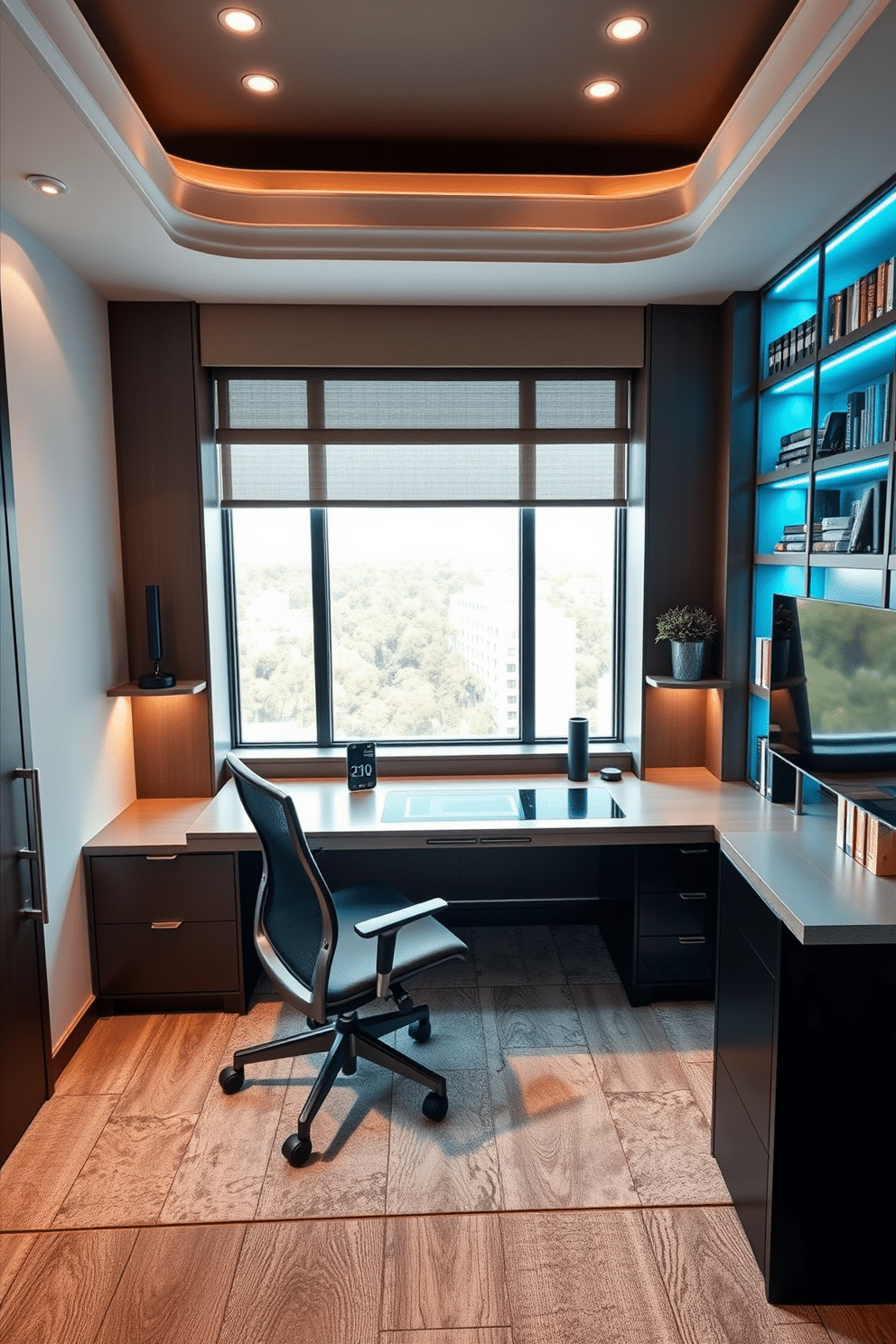 A luxury study room designed with smart technology integration. The room features a sleek, modern desk equipped with a built-in touchscreen interface and wireless charging capabilities. Surrounding the desk are custom bookshelves with adjustable LED lighting that can be controlled via a smartphone app. A comfortable ergonomic chair complements the space, while large windows provide ample natural light, enhancing productivity.