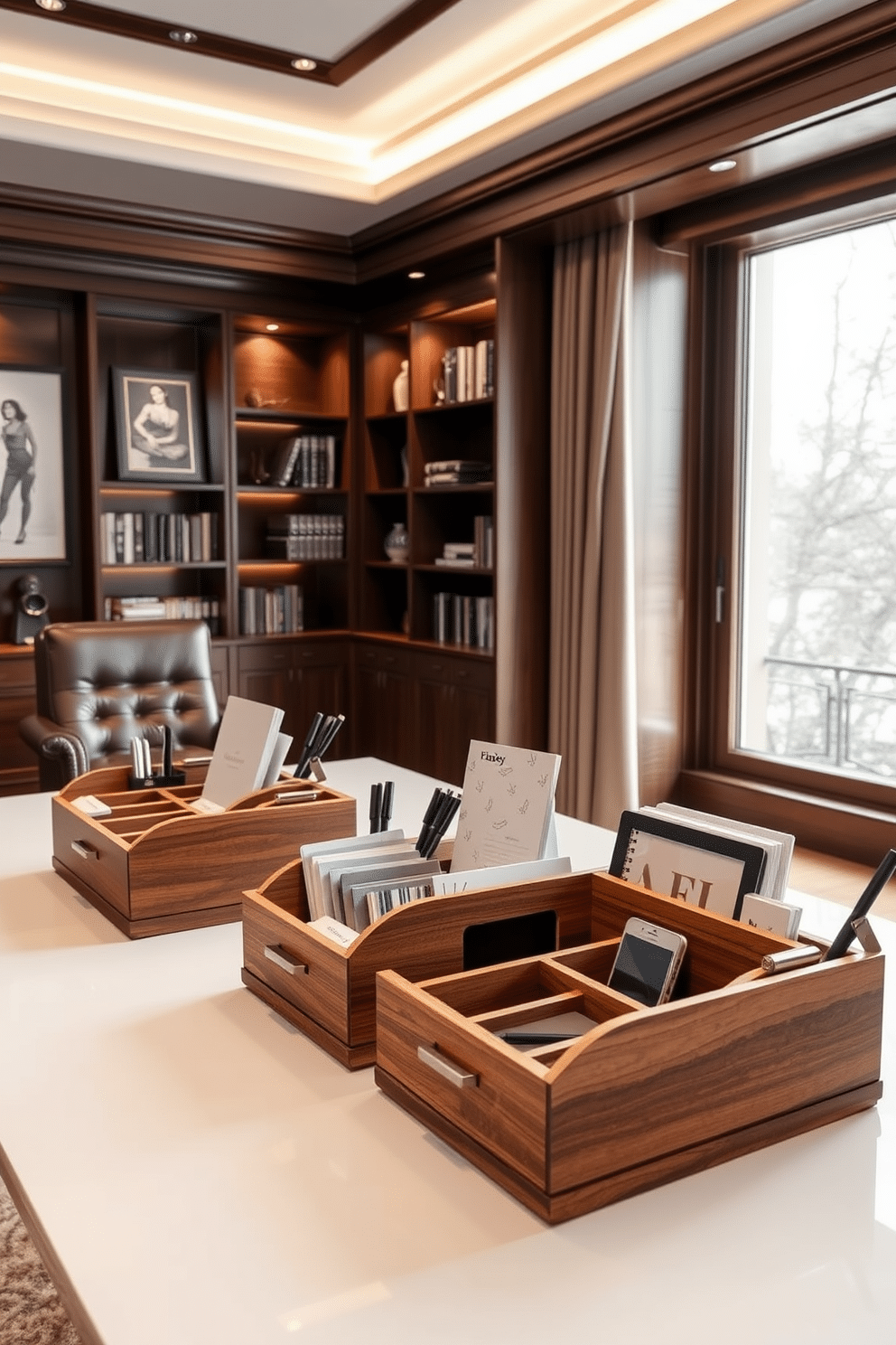 A collection of stylish desk organizers made from natural wood and metal accents, featuring compartments for stationery, documents, and personal items. The organizers are arranged neatly on a sleek, minimalist desk in a luxury study room with soft ambient lighting. The study room is designed with rich, dark wood paneling and a plush area rug that complements the elegant decor. A large window allows natural light to flood the space, highlighting a comfortable leather chair and a sophisticated bookshelf filled with curated volumes.