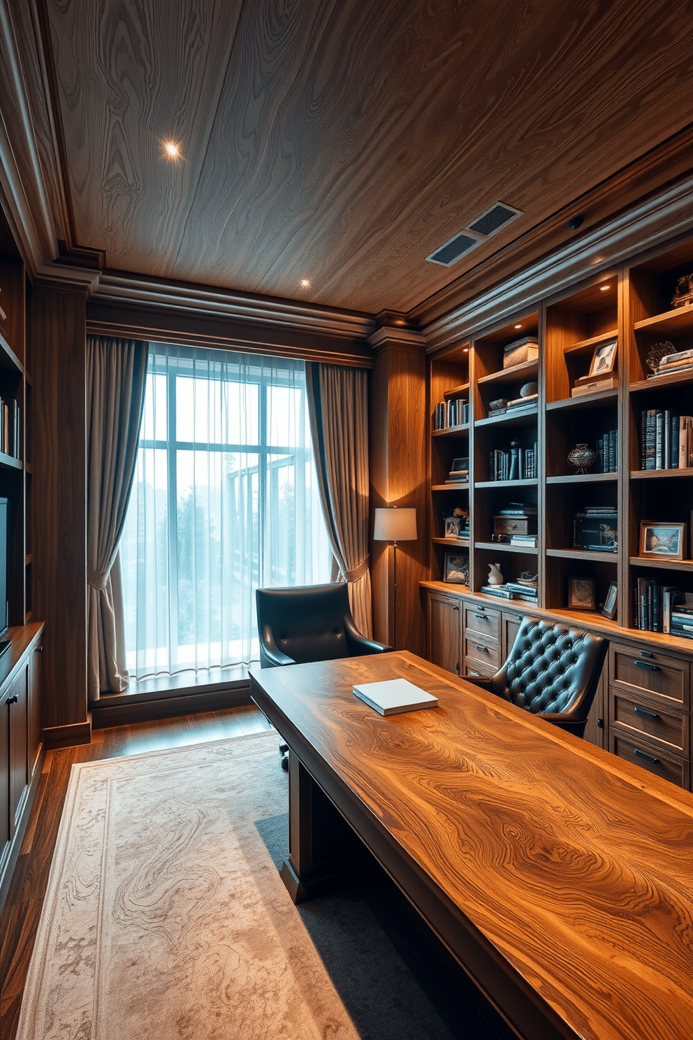 A luxury study room featuring natural wood finishes that bring warmth and texture to the space. The room includes a large wooden desk with intricate grain patterns, complemented by a plush leather chair and built-in bookshelves filled with curated books and decorative items. Soft, ambient lighting highlights the rich tones of the wood, creating a cozy yet sophisticated atmosphere. A large window allows natural light to flood in, with elegant drapes framing the view and adding a touch of refinement to the design.