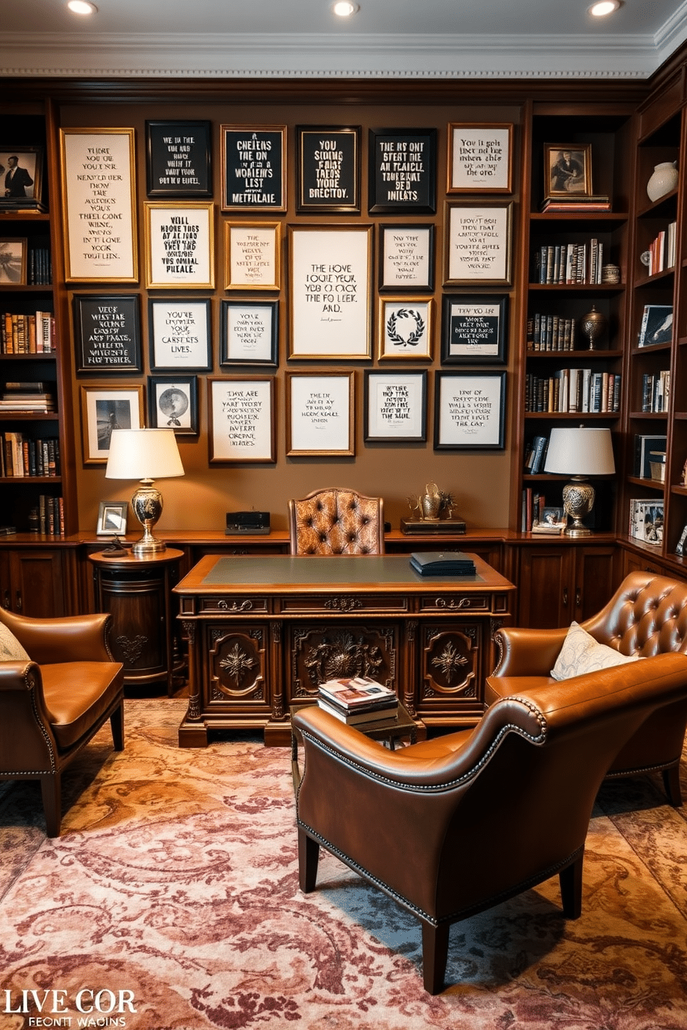 A personalized gallery wall showcasing a curated collection of favorite quotes in various frame styles. The wall is adorned with artful arrangements, combining typography and imagery that reflect personal values and aesthetics. A luxury study room designed for comfort and productivity, featuring a large mahogany desk with intricate carvings. Plush leather chairs and a rich, textured rug complement the elegant bookshelves filled with curated literature and decorative items.