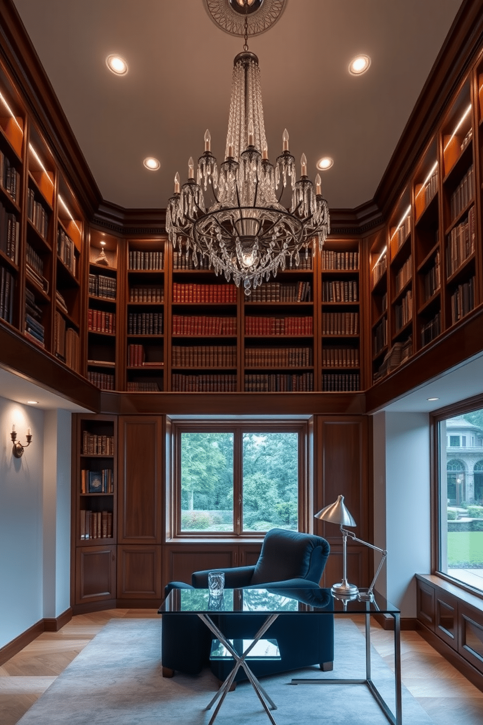 An elegant chandelier hangs gracefully from the ceiling, its crystal droplets reflecting light and creating a warm ambiance. Below, a luxurious study room features rich mahogany bookshelves filled with leather-bound volumes and a plush, oversized armchair in a deep navy fabric. The room is accented with a sleek, modern desk made of glass and metal, paired with a stylish desk lamp that complements the chandelier. Soft, ambient lighting enhances the sophisticated atmosphere, while a large window offers a view of a serene garden outside.