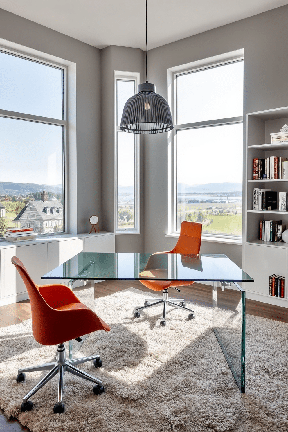 A sleek glass desk sits elegantly in the center of a modern study room, reflecting natural light from large windows that frame a picturesque view. Surrounding the desk are minimalist bookshelves filled with curated art books and decorative objects, enhancing the room's contemporary aesthetic. The walls are painted in a soft gray tone, complemented by a plush area rug in a neutral color that adds warmth to the space. A stylish ergonomic chair in a bold color provides comfort and flair, while a statement pendant light hangs above, creating an inviting atmosphere for productivity.