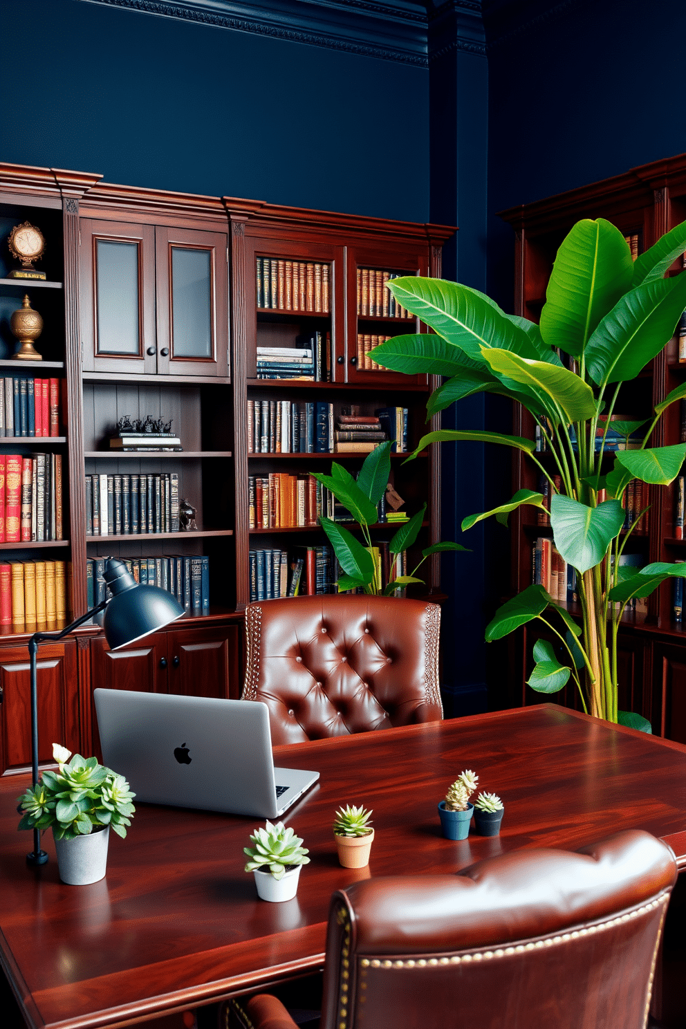 A luxury study room featuring rich mahogany bookshelves filled with books and decorative items. A large, dark wood desk sits in the center, adorned with a sleek laptop and a stylish desk lamp, while a comfortable leather chair invites long hours of reading and work. The walls are painted in a deep navy blue, creating a cozy yet sophisticated ambiance. Lush green plants are strategically placed around the room, including a tall fiddle leaf fig in the corner and smaller potted succulents on the desk, enhancing the fresh atmosphere.