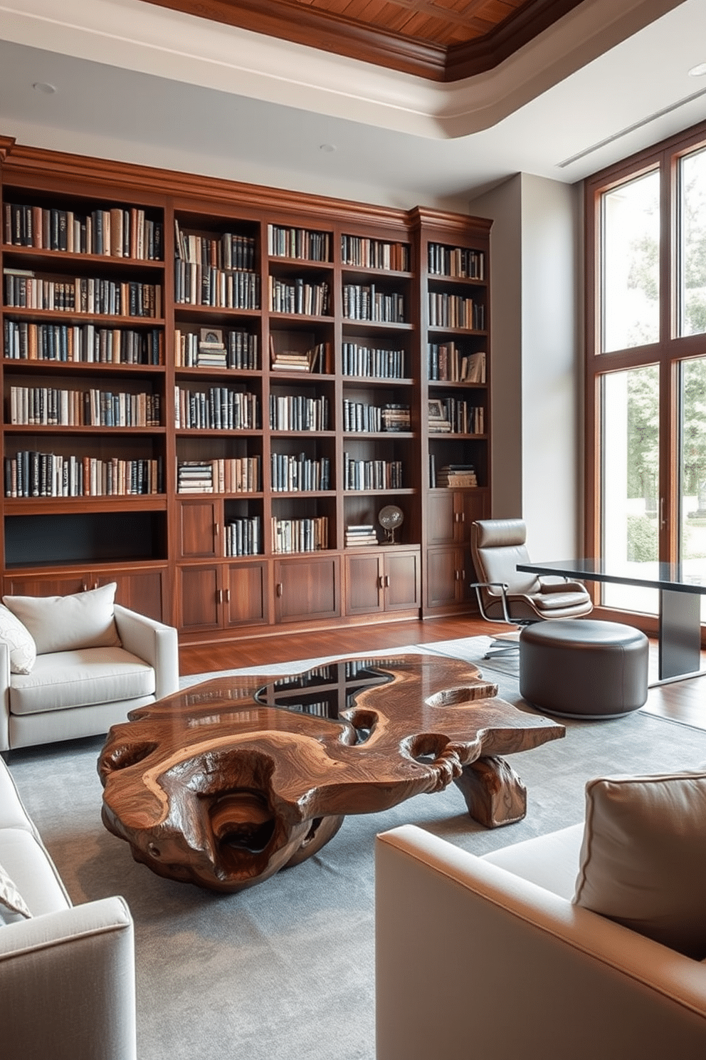 A unique coffee table crafted from reclaimed wood serves as a striking focal point in the room, surrounded by plush, contemporary seating. The table features intricate carvings and a glass top, enhancing its artistic appeal while providing functionality. The luxury study room is designed with rich mahogany bookshelves that stretch from floor to ceiling, filled with an extensive collection of books. A sleek, modern desk with a leather chair is positioned near a large window, allowing natural light to flood the space and inspire creativity.