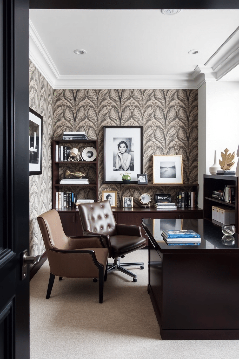 A luxury study room featuring statement wallpaper that adds a bold visual interest to the space. The room is furnished with a sleek, dark wood desk and a plush leather chair, complemented by a stylish bookshelf filled with curated decor and books.