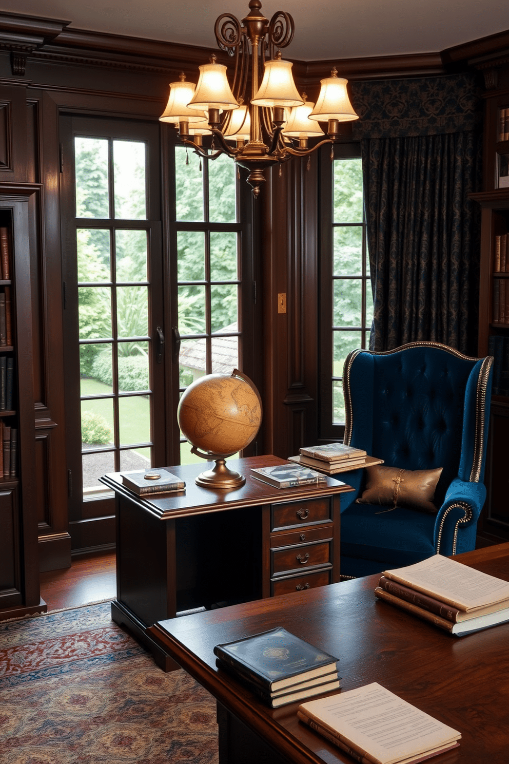 A vintage globe sits elegantly on a mahogany desk, surrounded by leather-bound books and antique brass accents. The walls are adorned with rich, dark wood paneling and a plush, deep blue velvet armchair invites you to sit and ponder. Soft, ambient lighting emanates from a classic chandelier, casting a warm glow over the room. A large window draped with heavy, patterned curtains offers a view of a lush garden, enhancing the scholarly atmosphere.