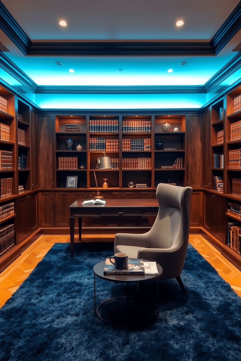 A luxury study room bathed in soft, ambient lighting creates an inviting atmosphere. Rich wooden bookshelves line the walls, filled with leather-bound volumes and decorative objects, while a plush, deep blue area rug anchors the space. In the center, a sleek, modern desk made of dark walnut features an elegant brass lamp that casts a warm glow. A comfortable, high-backed chair upholstered in soft grey fabric sits invitingly, complemented by a small coffee table adorned with a stack of design magazines and a steaming mug.