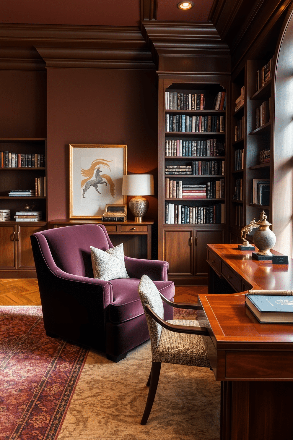 A luxury study room that exudes comfort and sophistication. The space features a plush, oversized armchair upholstered in rich velvet, paired with a sleek wooden desk that boasts clean lines and a polished finish. The walls are adorned with deep, warm colors, complemented by layered textiles such as a cozy area rug and decorative throw pillows. Elegant bookshelves line one side of the room, filled with curated books and personal artifacts, creating an inviting atmosphere for productivity and relaxation.