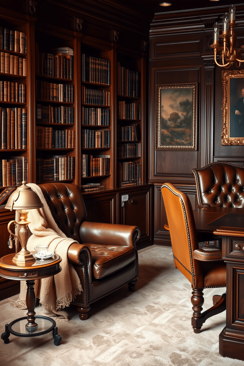 A cozy reading nook featuring a vintage leather armchair, positioned next to a tall bookshelf filled with classic literature. A warm, soft throw blanket drapes over the armchair, and a small side table holds a steaming cup of tea and a reading lamp with a brass finish. An elegant luxury study room designed with rich mahogany wood accents and plush carpeting. The centerpiece is a grand desk with intricate detailing, complemented by a comfortable leather executive chair and tasteful artwork adorning the walls.