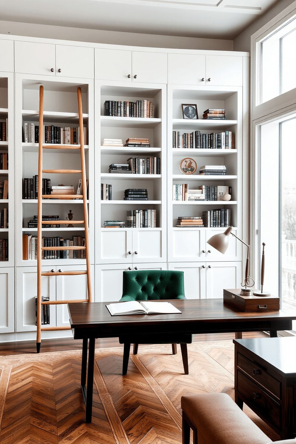 A stylish ladder made of natural wood leans against a wall of sleek, white built-in shelves filled with books and decorative items. The ladder features a minimalist design with a smooth finish, adding an elegant touch to the room. The luxury study room is adorned with rich, dark wood furniture and a plush, deep green velvet chair that invites comfort. Large windows allow natural light to flood the space, highlighting a sophisticated desk with a modern lamp and a tasteful arrangement of stationery.