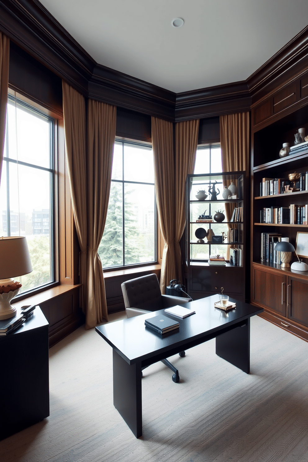 A luxurious study room featuring large windows adorned with sheer drapery, allowing natural light to fill the space. The room is furnished with a sleek, dark wood desk paired with a comfortable leather chair, complemented by a modern bookshelf filled with curated books and decorative items.