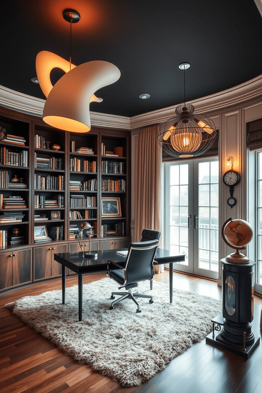 A luxurious study room featuring sculptural lighting fixtures that create a dramatic ambiance. The room is adorned with a sleek, dark wood desk paired with an ergonomic leather chair, and the walls are lined with built-in bookshelves filled with an eclectic mix of books and art pieces. Large windows allow natural light to flood the space, complemented by the warm glow of the artistic light fixtures hanging above. A plush area rug adds texture underfoot, while a stylish globe and a vintage clock serve as elegant decorative accents.