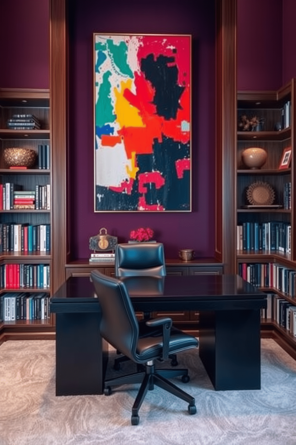 A luxury study room featuring a richly colored accent wall adorned with a large, vibrant piece of abstract artwork. The room is furnished with a sleek, dark wood desk paired with an ergonomic leather chair, complemented by built-in bookshelves filled with an array of books and decorative items.