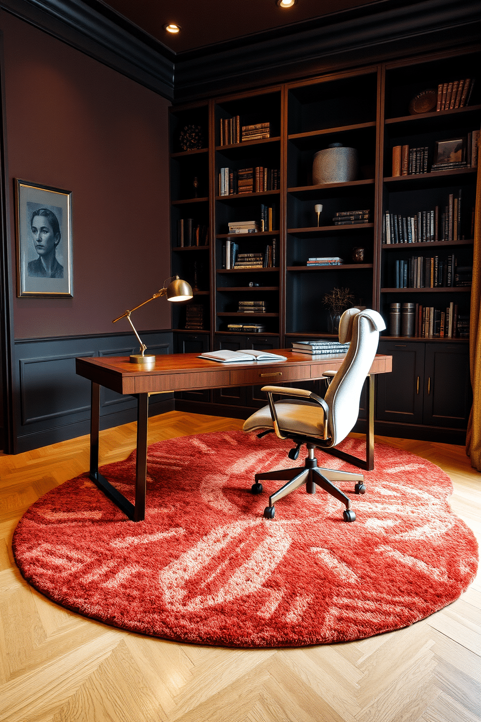 A cozy rug in a rich, warm tone anchors the workspace area, creating a welcoming atmosphere. Surrounding the rug, a sleek wooden desk with elegant brass accents complements a plush, ergonomic chair, enhancing both style and comfort. The walls are adorned with deep, muted colors, adding sophistication to the luxury study room. A large bookshelf filled with curated books and decorative items provides a personal touch, while soft, ambient lighting creates a serene environment for productivity.