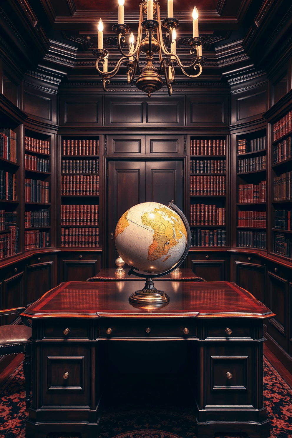 A luxury study room featuring a classic globe positioned on a polished mahogany desk. The walls are lined with rich, dark wood bookshelves filled with leather-bound books, and an elegant chandelier hangs from the ceiling, casting a warm glow over the space.