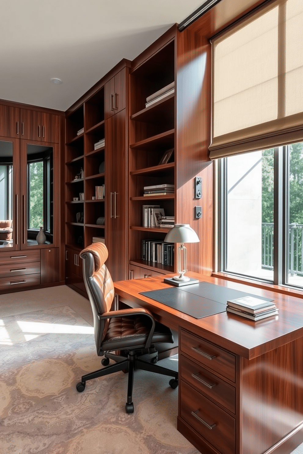 Custom cabinetry for organized storage solutions. The cabinetry features sleek lines and a combination of open shelves and closed compartments, crafted from high-quality wood with a rich finish. Luxury study room design ideas. The room is designed with a spacious mahogany desk, complemented by an ergonomic leather chair, and large windows that allow natural light to flood the space.