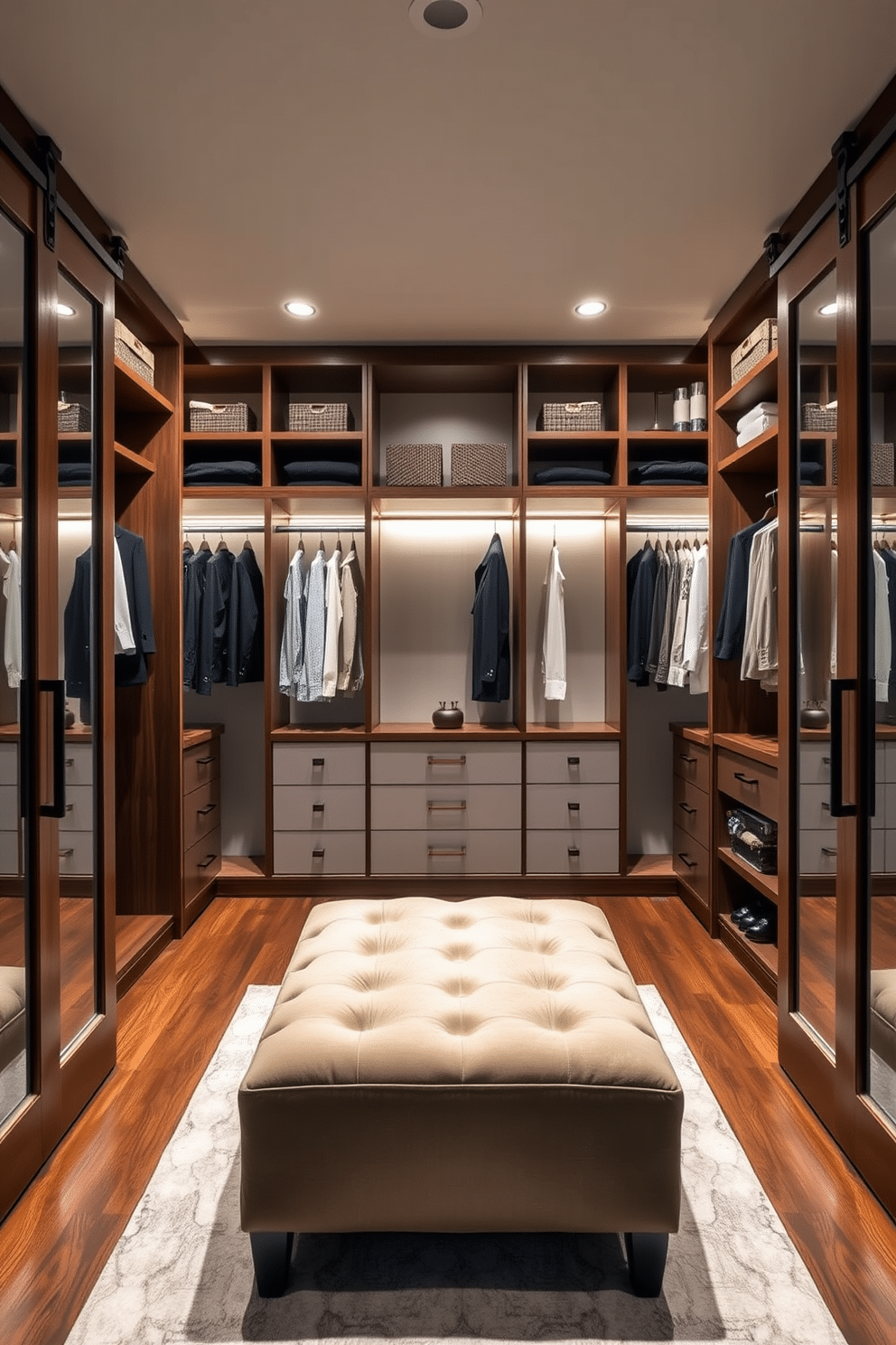 A sleek walk-in closet features sliding barn doors that seamlessly blend modern aesthetics with functionality. Inside, custom shelving and hanging spaces maximize storage while maintaining an organized and stylish environment. The closet is illuminated by recessed lighting, highlighting the rich wood finishes and elegant fixtures. A plush ottoman sits in the center, providing a comfortable spot for dressing and accessorizing.