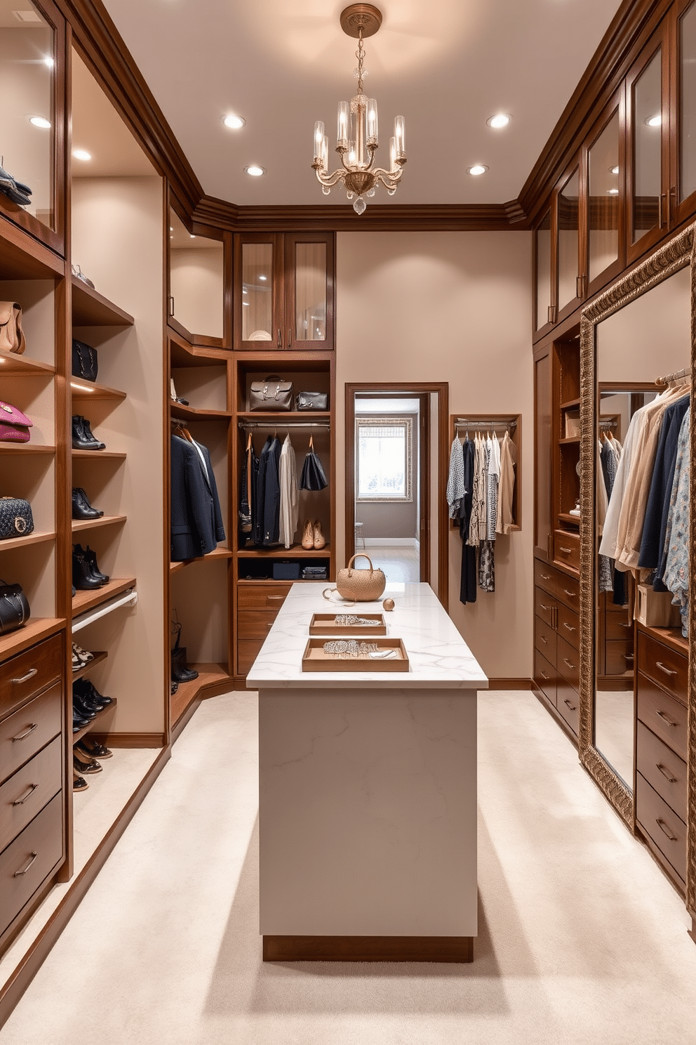 A luxurious walk-in closet designed with a coordinated color scheme for harmony features soft beige walls paired with rich walnut cabinetry. Elegant lighting fixtures illuminate the space, highlighting the plush carpet and the organized shelves filled with designer handbags and shoes. The closet includes a central island with a marble top, adorned with decorative trays for jewelry and accessories. A full-length mirror with a chic frame stands against one wall, reflecting the beautifully arranged garments and adding to the overall sophistication of the space.