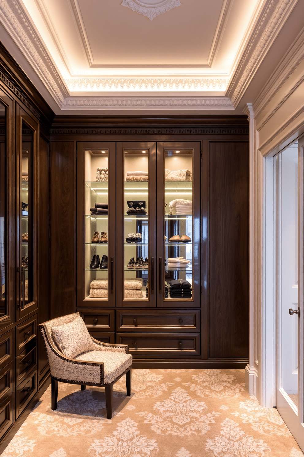 Elegant crown molding for sophistication. The intricate details of the molding enhance the ceiling height and add a touch of grandeur to the room. Luxury walk-in closet design ideas. Featuring custom cabinetry with a mix of open shelving and elegant glass doors, the space is illuminated by soft, ambient lighting for a lavish feel.