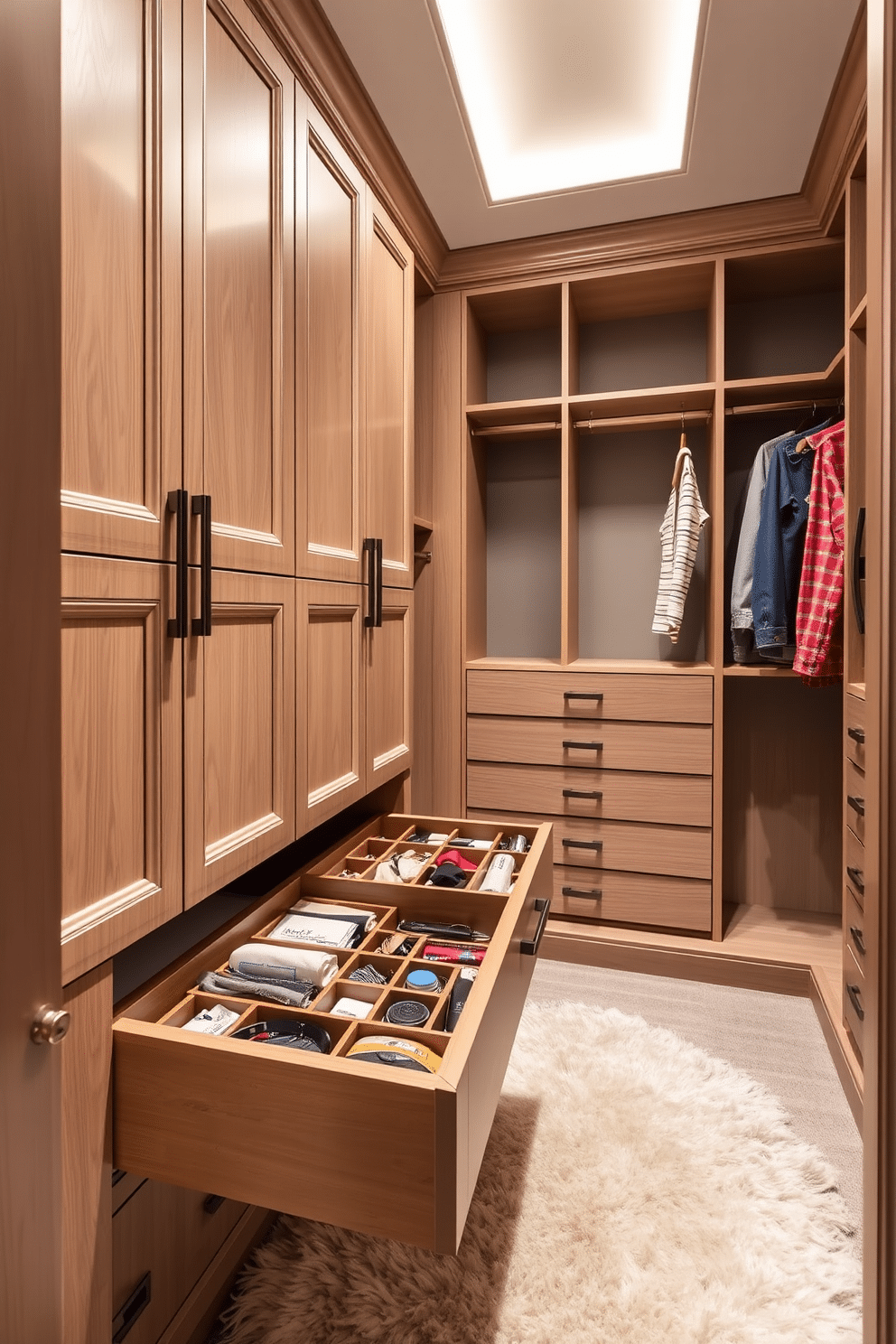 A luxurious walk-in closet featuring a functional pull-out accessories drawer. The space is adorned with custom cabinetry, soft LED lighting, and a plush area rug to enhance comfort and style.