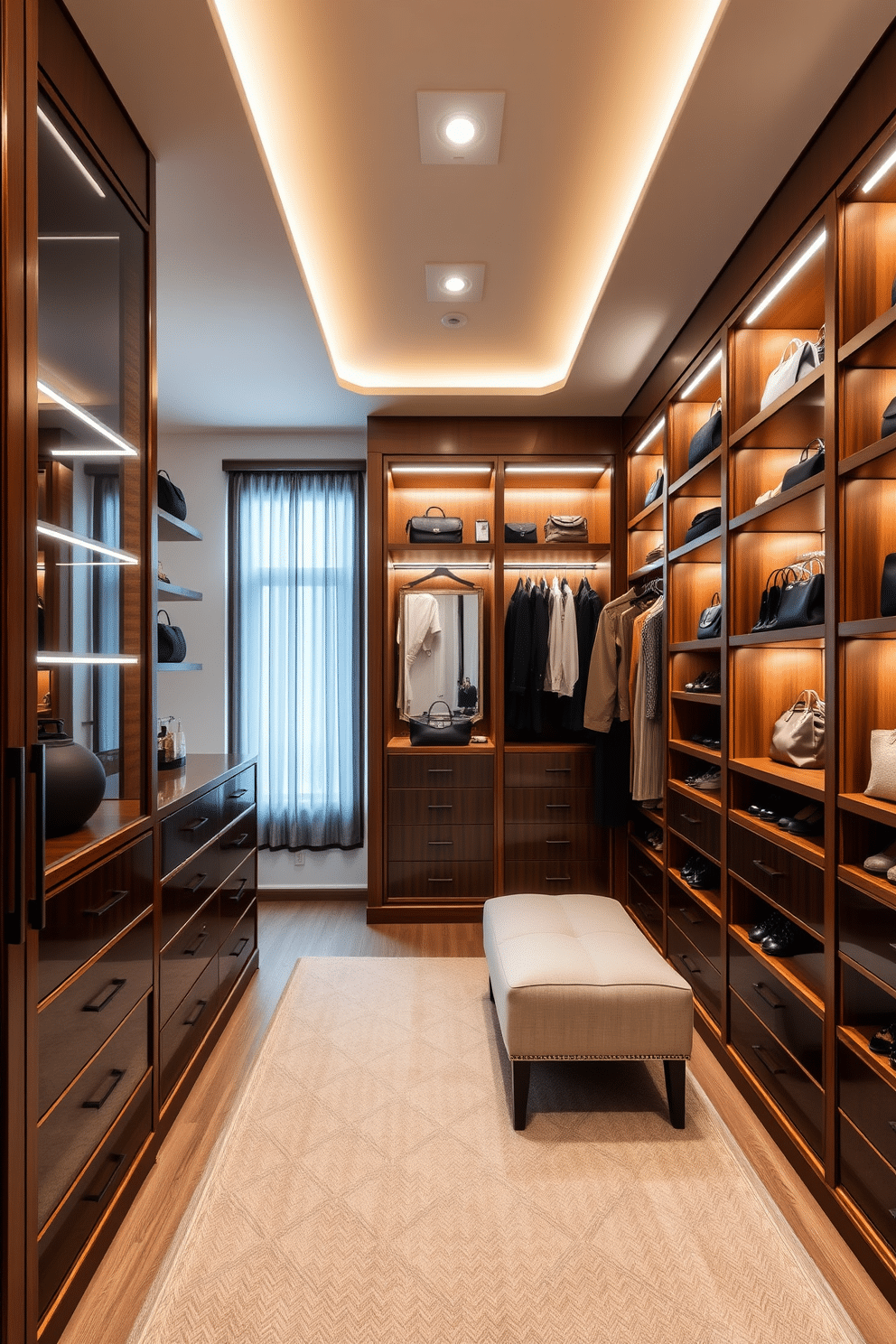 A luxury walk-in closet features floor-to-ceiling storage solutions that maximize space and organization. Elegant wooden cabinetry with integrated lighting showcases designer handbags and shoes, while a plush seating area invites relaxation and styling.