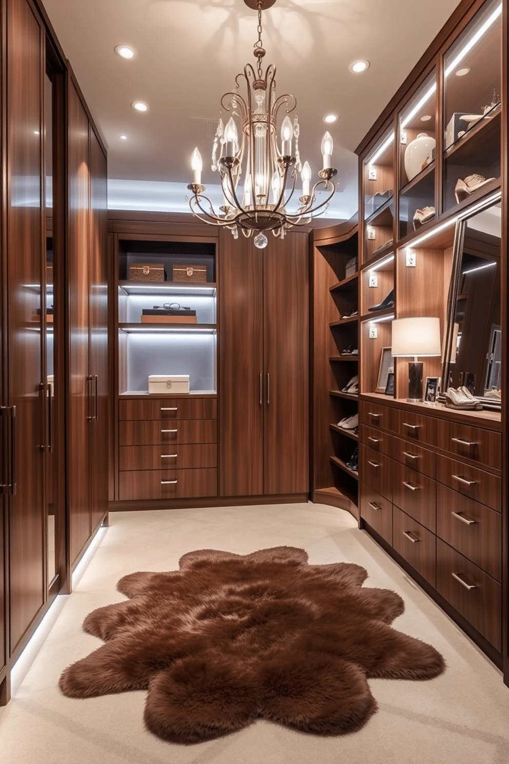 A luxury walk-in closet features a spacious layout with custom cabinetry in a rich walnut finish. Soft, ambient lighting highlights artful decor pieces, including a statement chandelier and decorative boxes that add elegance and organization. The closet is adorned with a plush area rug, creating a cozy atmosphere underfoot. Stylish displays of shoes and accessories are showcased on open shelves, while a full-length mirror adds functionality and sophistication to the space.