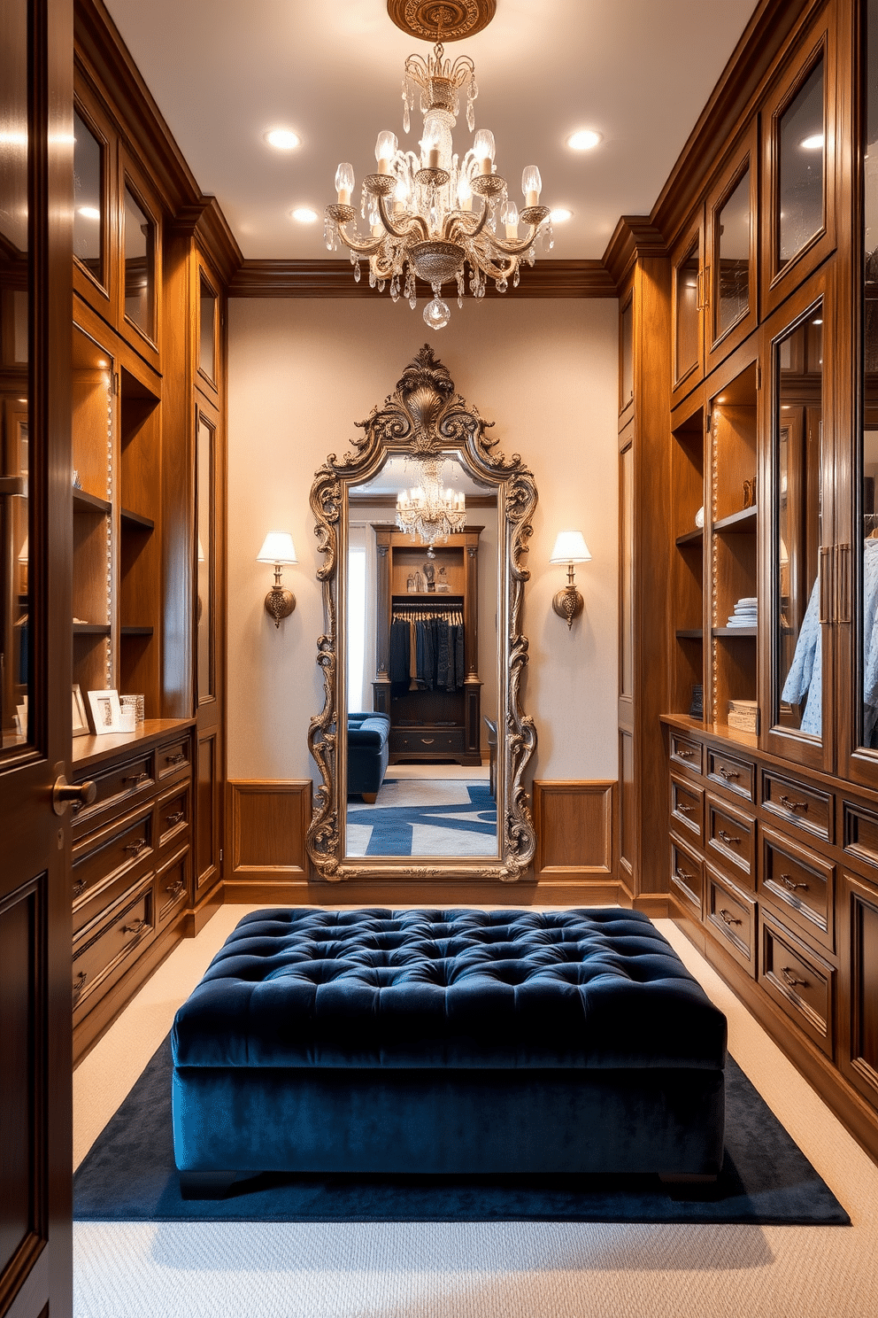 A luxurious walk-in closet featuring vintage accents that exude timeless elegance. The space is adorned with rich wooden cabinetry, complemented by antique brass hardware and soft, ambient lighting. The centerpiece is a plush velvet ottoman in a deep jewel tone, surrounded by elegant shelving displaying curated accessories. A large ornate mirror reflects the room's charm, while a delicate chandelier adds a touch of sophistication to the overall design.