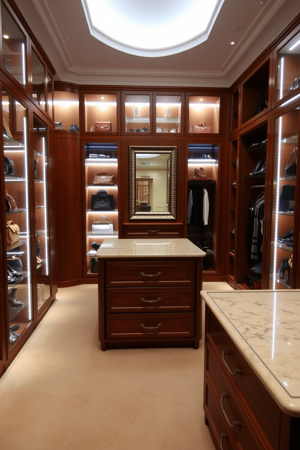 A luxurious walk-in closet features glass-front cabinets that elegantly display designer handbags and shoes. Soft LED lighting illuminates the space, highlighting the rich wood finishes and plush carpeting underfoot. The layout includes a central island with a marble top for jewelry and accessories, surrounded by organized sections for clothing. A full-length mirror with a stylish frame adds a touch of sophistication and functionality to the design.