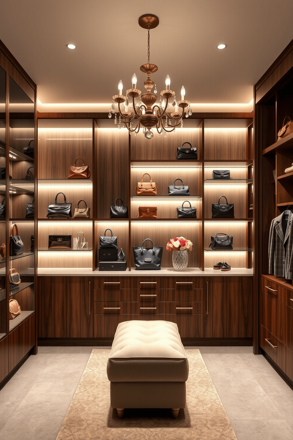 A dedicated handbag display area features a sleek, custom-designed wall unit with glass shelves showcasing an array of designer handbags. Soft, ambient lighting highlights each piece, while a plush ottoman sits in the center for comfort and convenience. The luxury walk-in closet is designed with floor-to-ceiling cabinetry in a rich walnut finish, providing ample storage for clothing and accessories. A chic island with a marble top offers additional space for folding and organizing, complemented by a stylish chandelier that adds elegance to the space.