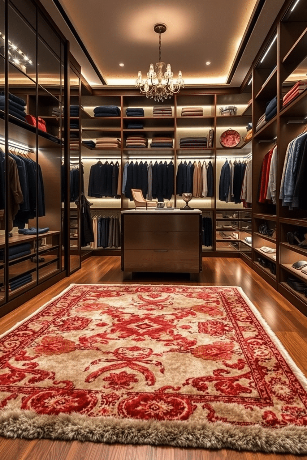 A luxurious area rug with a plush texture lies elegantly on the hardwood floor, adding warmth and comfort to the space. The rug features intricate patterns in rich colors that complement the surrounding decor, creating a cozy yet sophisticated atmosphere. The luxury walk-in closet is designed with custom shelving and hanging space, showcasing an organized display of high-end fashion. Soft lighting illuminates the space, while a central island with a marble top provides a stylish area for accessories and jewelry.