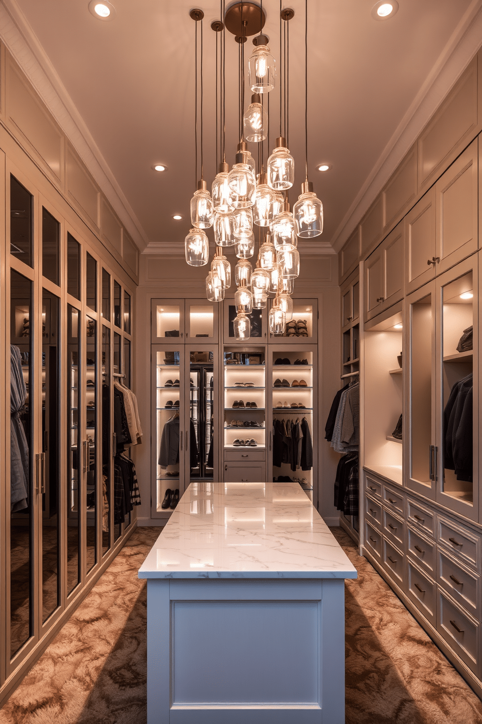 A luxurious walk-in closet featuring cascading pendant lights that create a warm and inviting ambiance. The space is adorned with custom cabinetry, plush carpeting, and a central island topped with a marble surface for added elegance.