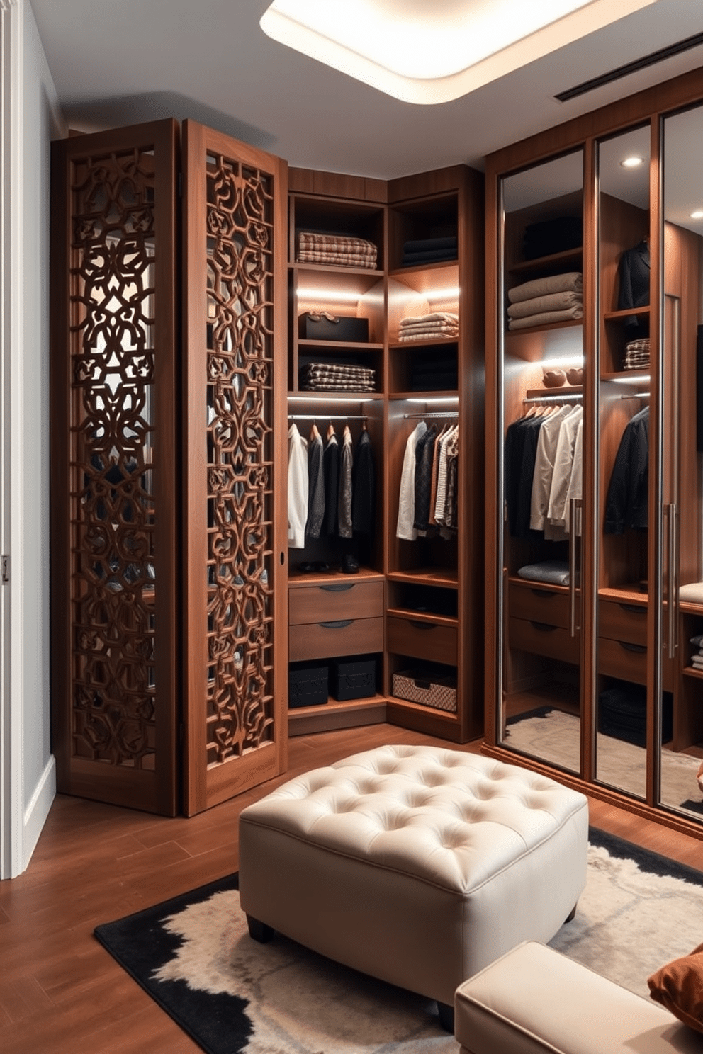 A stylish folding screen stands elegantly in the corner of a modern living space, crafted from natural wood with intricate cut-out patterns that allow light to filter through. The screen's subtle hues complement the surrounding decor, providing both privacy and a touch of artistic flair. The luxury walk-in closet features custom-built shelving and soft LED lighting that highlights the rich textures of the clothing and accessories displayed. A plush ottoman sits in the center, inviting relaxation while the walls are adorned with full-length mirrors, enhancing the sense of space and sophistication.