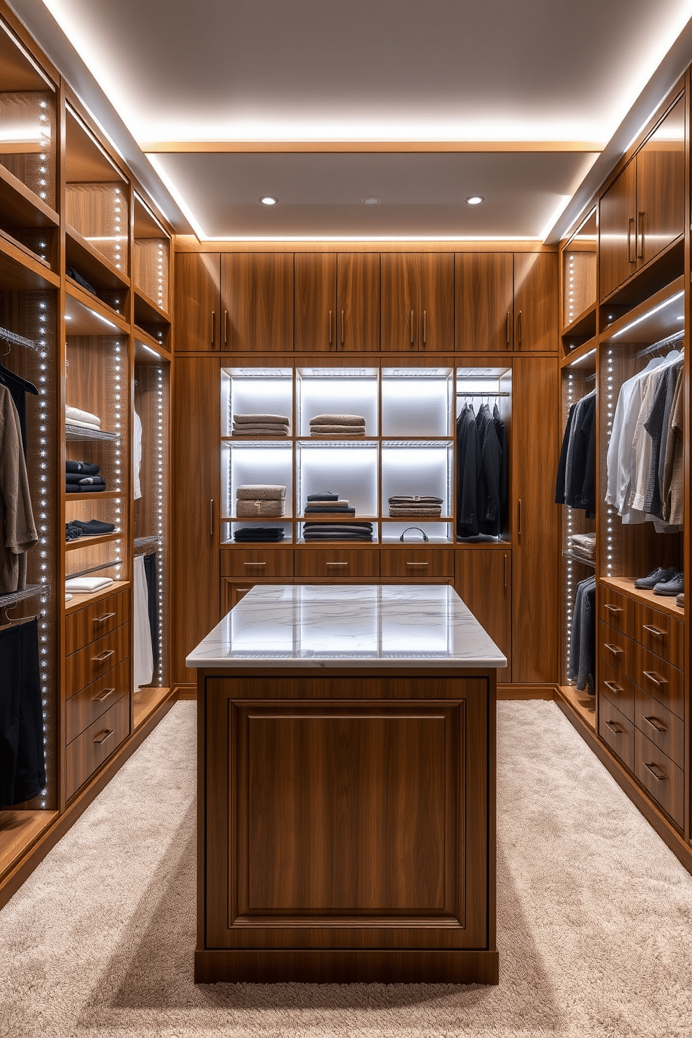 A luxurious walk-in closet featuring smart technology for optimal organization and management. The space includes automated shelving that adjusts height and depth, along with integrated lighting that activates as you enter. Rich wooden cabinetry lines the walls, complemented by plush carpeting underfoot. A central island with a marble top provides additional storage and serves as a stylish display area for accessories.