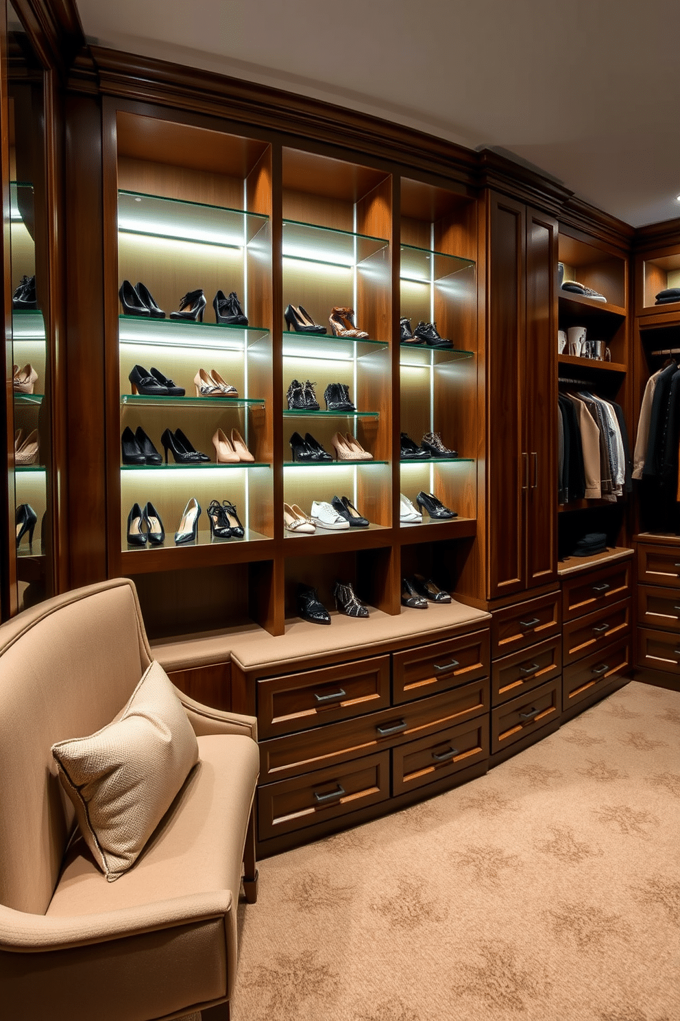 A customized shoe display features elegant tilt shelves that showcase an array of stylish footwear. The shelves are backlit to enhance the visual appeal, creating a luxurious focal point in the walk-in closet. The luxury walk-in closet is designed with rich wood cabinetry and plush carpeting for a sophisticated feel. Ample storage is provided through built-in drawers and hanging spaces, complemented by a chic seating area for convenience.